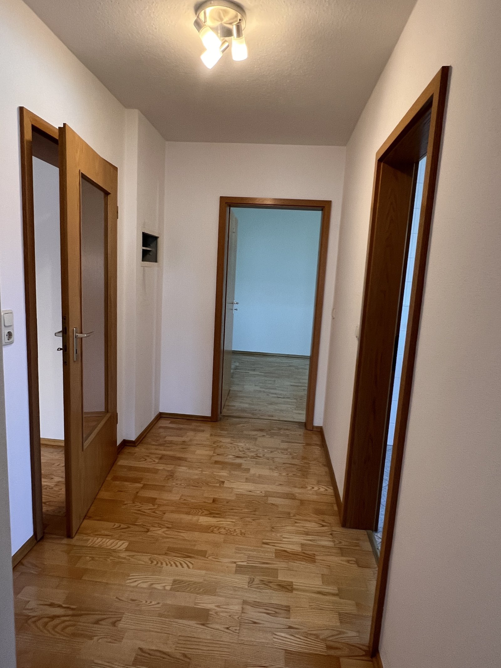 Lichtdurchfluteter Flur mit hochwertigen Holztüren und elegantem Parkettboden - Ihr Entrée mit Wohlfühlfaktor!