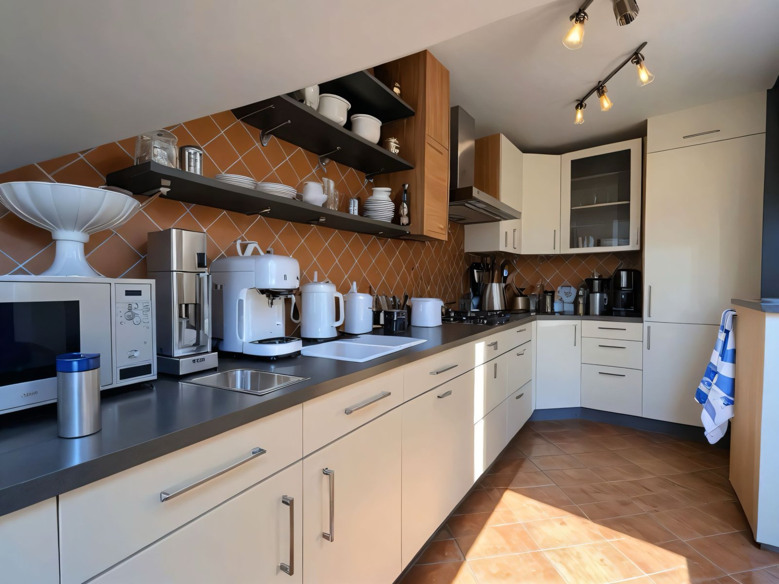 Moderne Küche mit offenen Regalen und Terrakotta-Rückwand - Funktionalität trifft Charme!