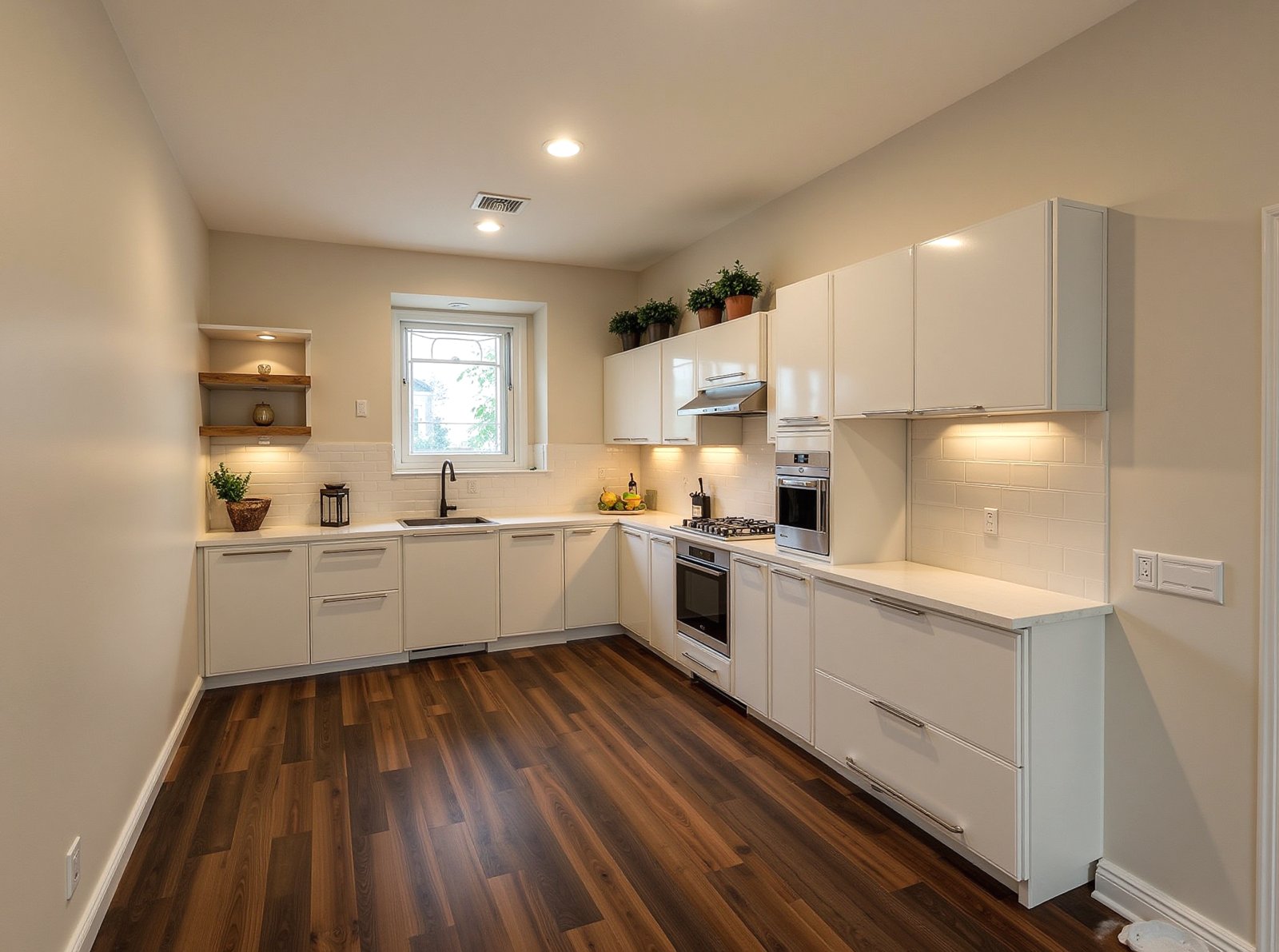 Moderne L-Küche mit Charme: Hochwertige Einbaugeräte und clevere Regalnische garantieren Kochkomfort Moderne L-Küche mit Charme: Hochwertige Einbaugeräte und clevere Regalnische garantieren Kochkomfort