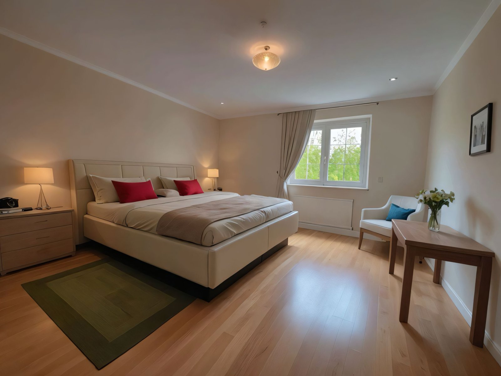 Lichtdurchflutetes Schlafzimmer mit Panoramafenster und elegantem Raumkonzept