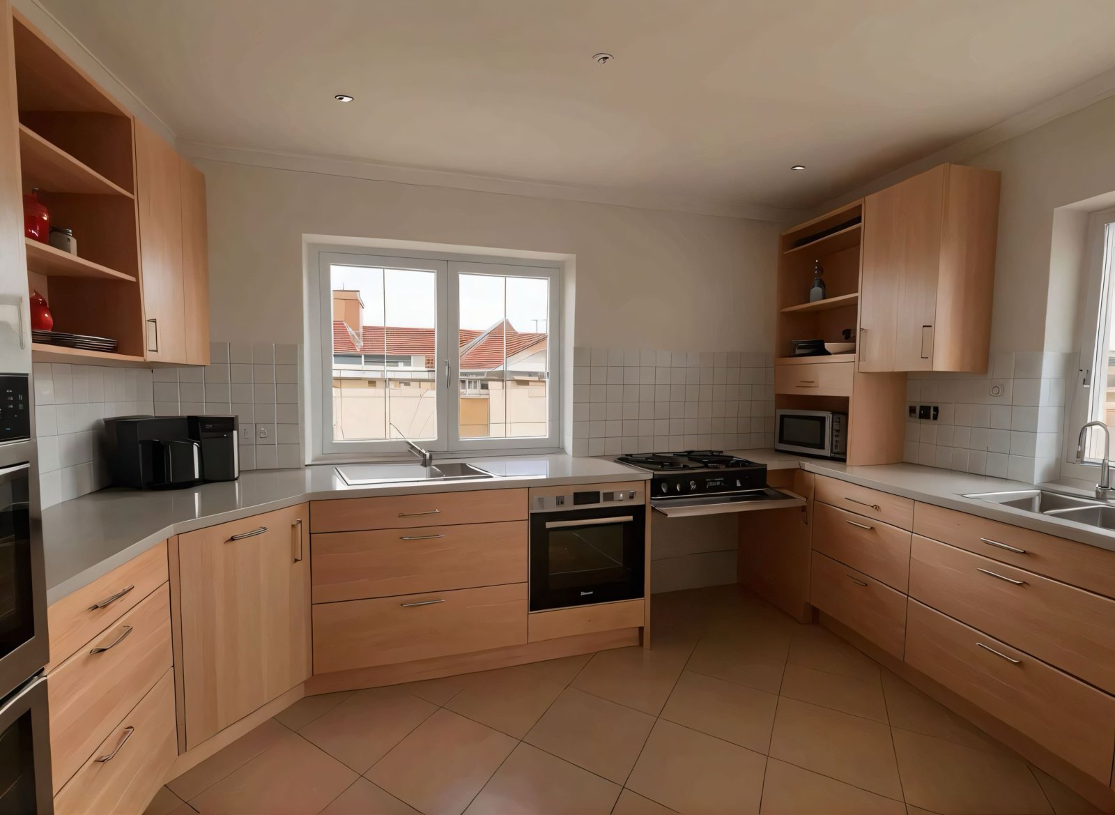 Moderne Einbauküche mit Gasherd und Panoramafenstern - Lichtdurchfluteter Kochbereich mit optimaler Arbeitsplattenausstattung