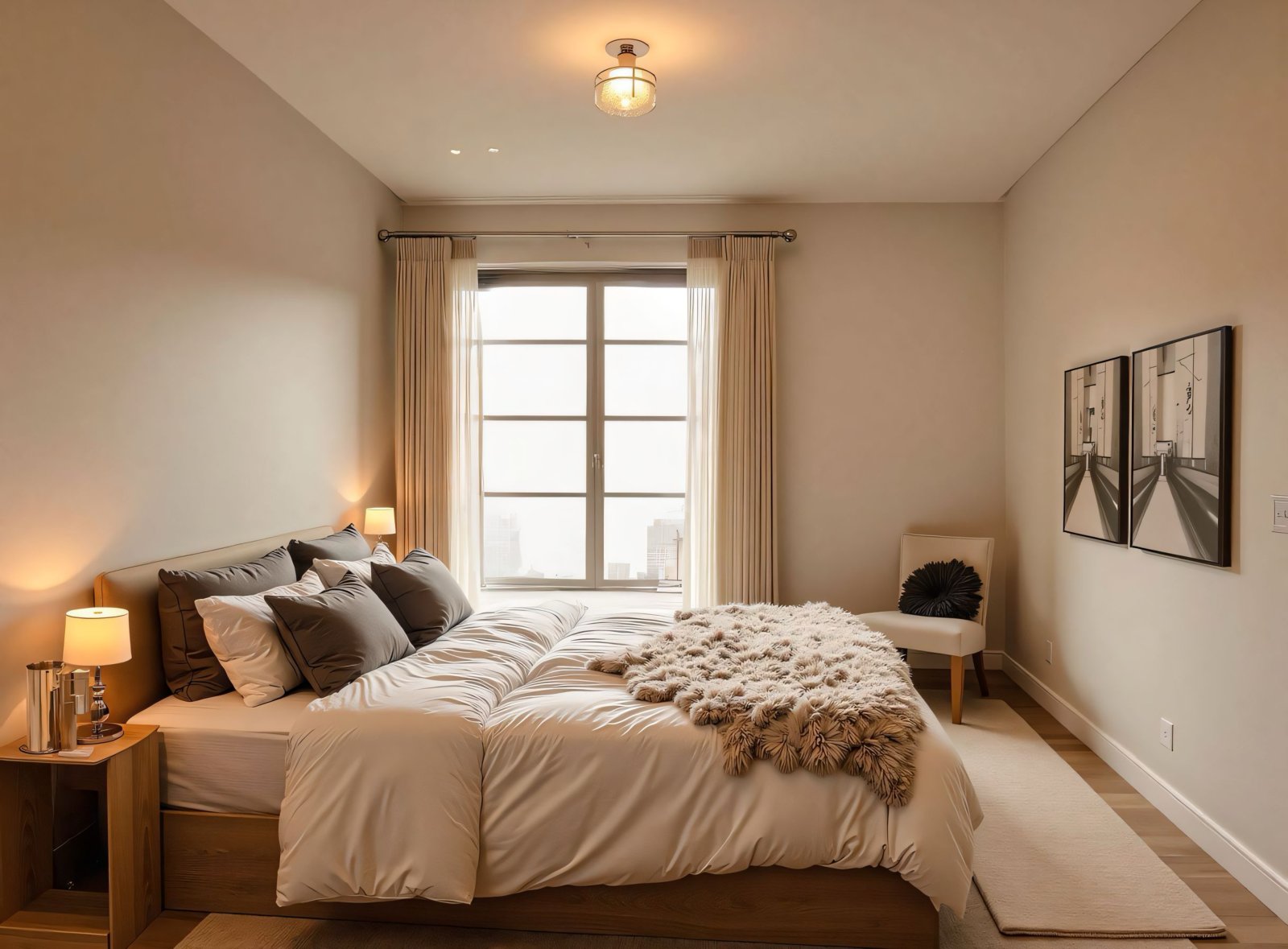 Lichtdurchflutetes Schlafzimmer mit eleganter Fensternische und harmonischer Lichtgestaltung Lichtdurchflutetes Schlafzimmer mit eleganter Fensternische und harmonischer Lichtgestaltung