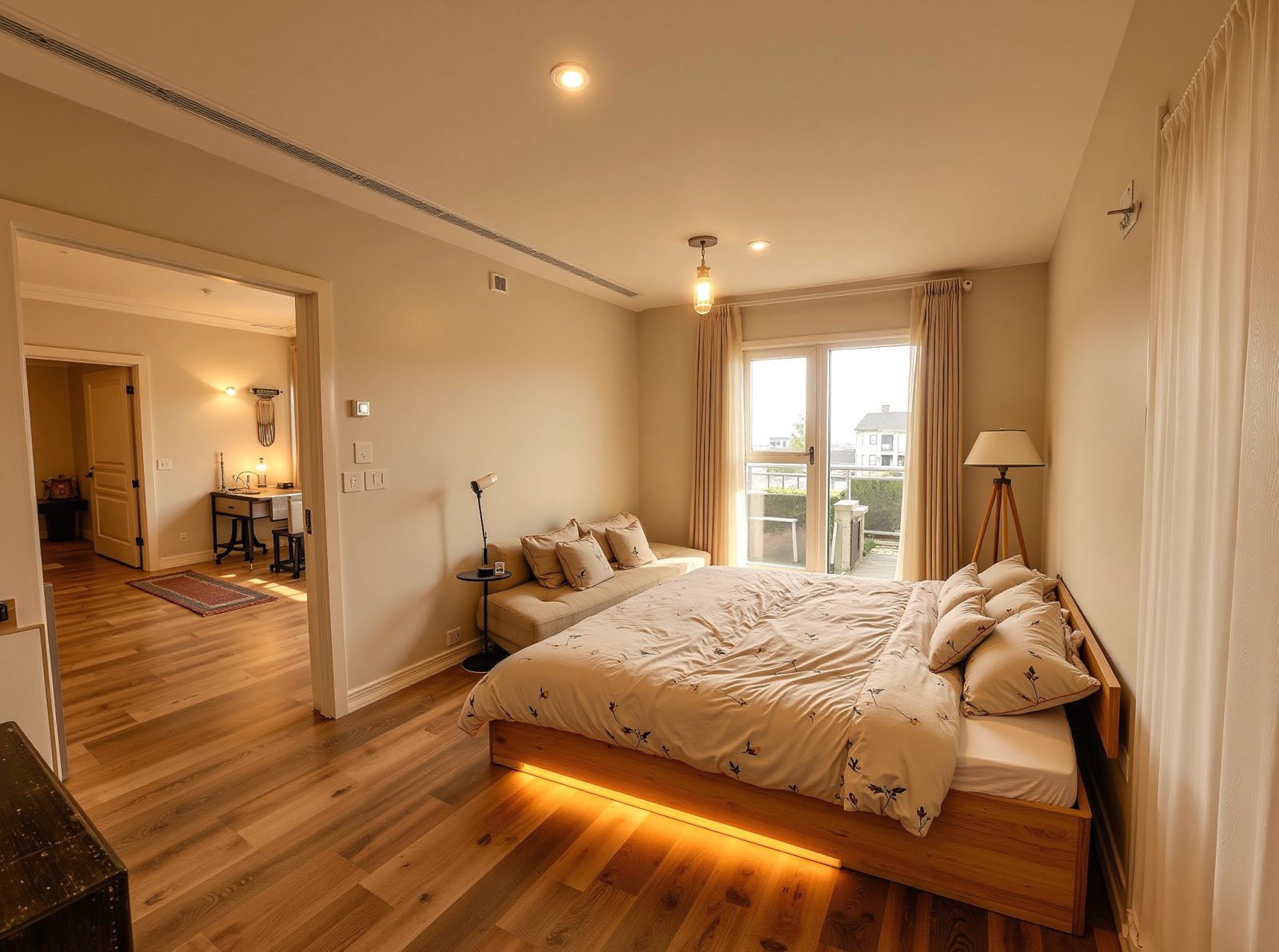 Lichtdurchflutetes Schlafzimmer mit elegantem Schweberahmen und stimmungsvoller Ambiente-Beleuchtung Lichtdurchflutetes Schlafzimmer mit elegantem Schweberahmen und stimmungsvoller Ambiente-Beleuchtung