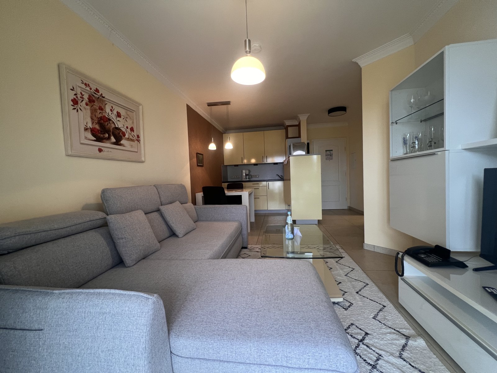 Offener Wohnbereich mit moderner Sofaecke und integrierter Küche