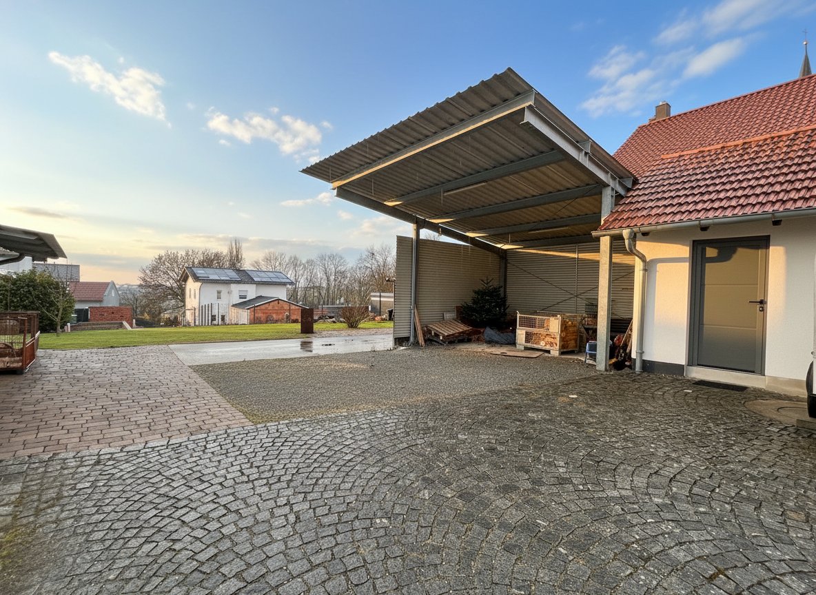 Großer, gepflasterter Hof mit Carport und Stauraum, umgeben von Wohnhäusern