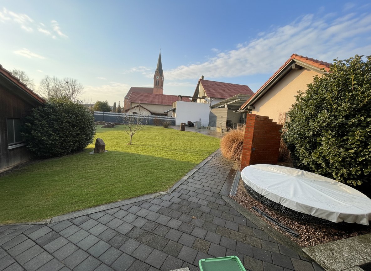 Geräumiger Garten mit gepflastertem Sitzbereich und Blick auf die Kirche