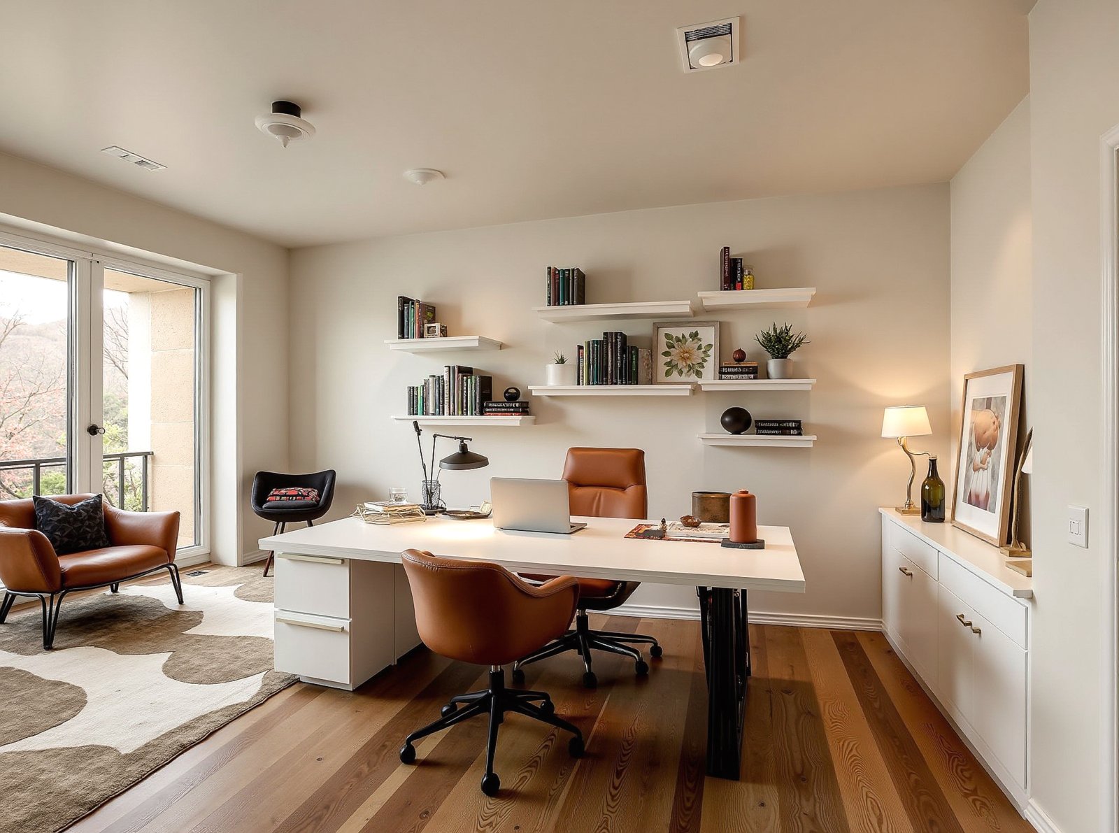 Lichtdurchflutetes Home-Office mit intelligenter Regalwand und elegantem Arbeitsplatz