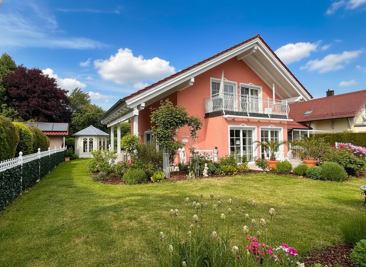 Harmonische Außenanlage mit gepflegtem Garten und eleganter Terrassenanbindung Harmonische Außenanlage mit gepflegtem Garten und eleganter Terrassenanbindung