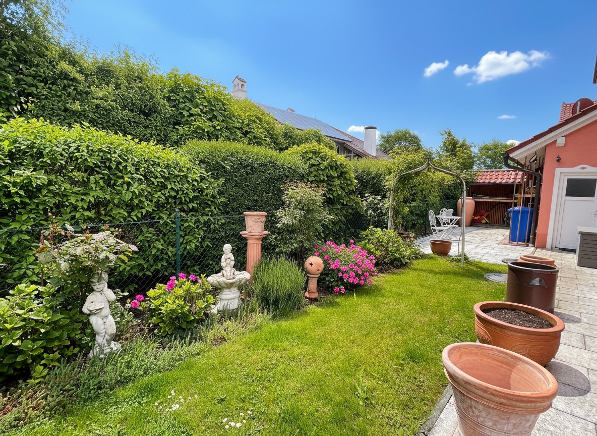 Grüner Rückzugsort mit Heckenkulisse und direkter Terrassenanbindung Grüner Rückzugsort mit Heckenkulisse und direkter Terrassenanbindung