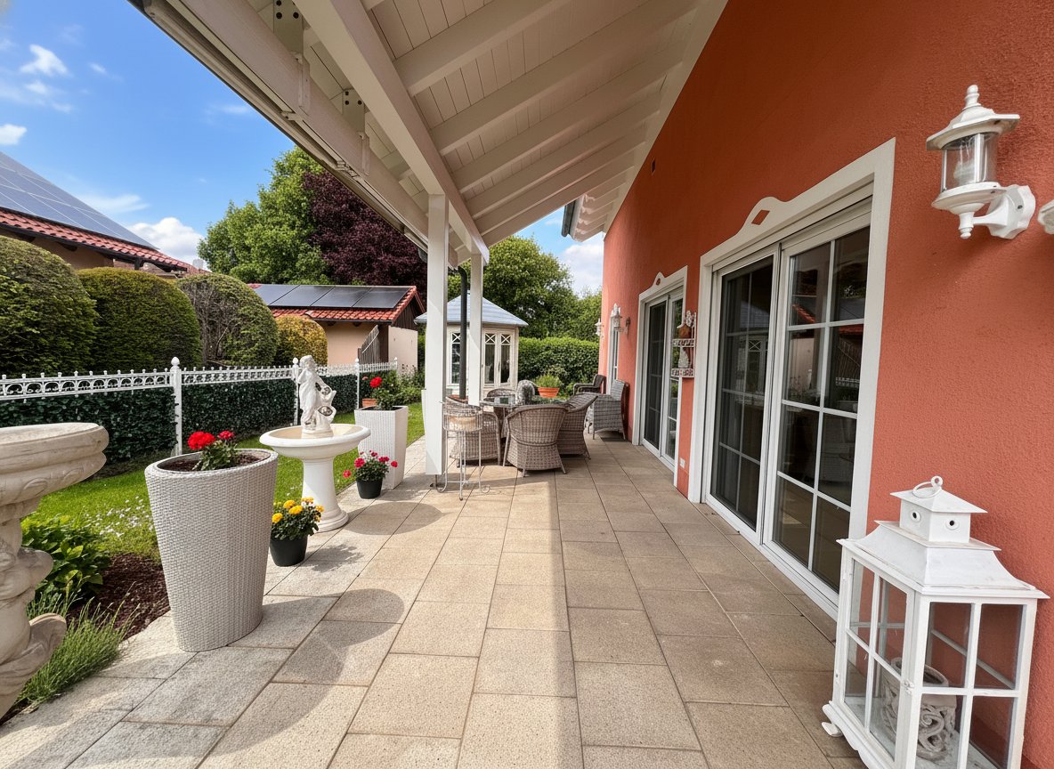 Überdachte Terrasse mit großflächigen Glasschiebetüren und Gartenanbindung Überdachte Terrasse mit großflächigen Glasschiebetüren und Gartenanbindung