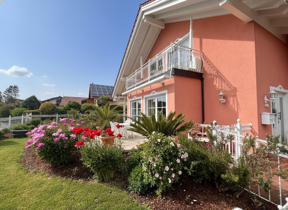 Sonnige Gartenanlage mit gepflegten Beeten und direktem Terrassenzugang Sonnige Gartenanlage mit gepflegten Beeten und direktem Terrassenzugang