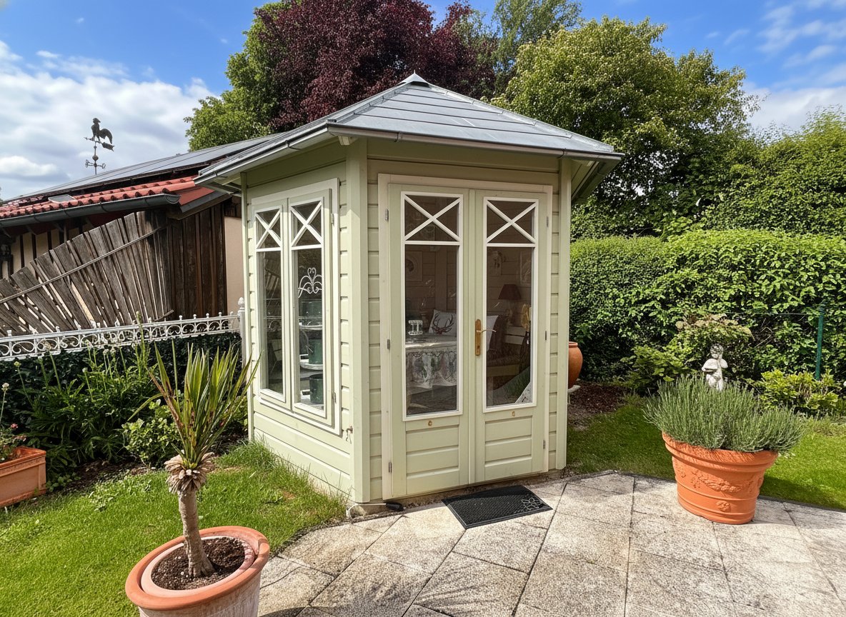 Elegantes Gartenhaus mit großflächigen Verglasungen und durchdachtem Grundriss Elegantes Gartenhaus mit großflächigen Verglasungen und durchdachtem Grundriss