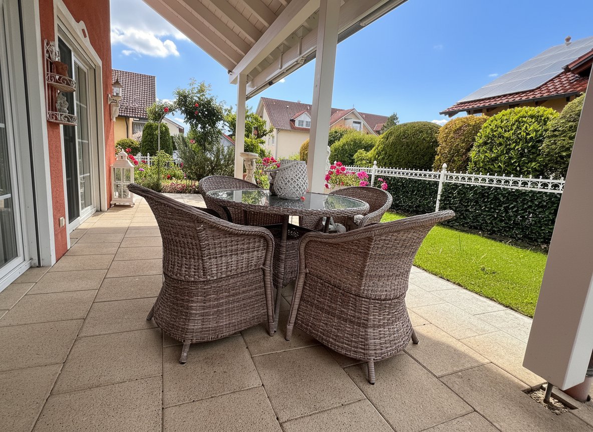 Überdachte Terrasse mit direktem Gartenblick und komfortabler Sitzzone Überdachte Terrasse mit direktem Gartenblick und komfortabler Sitzzone