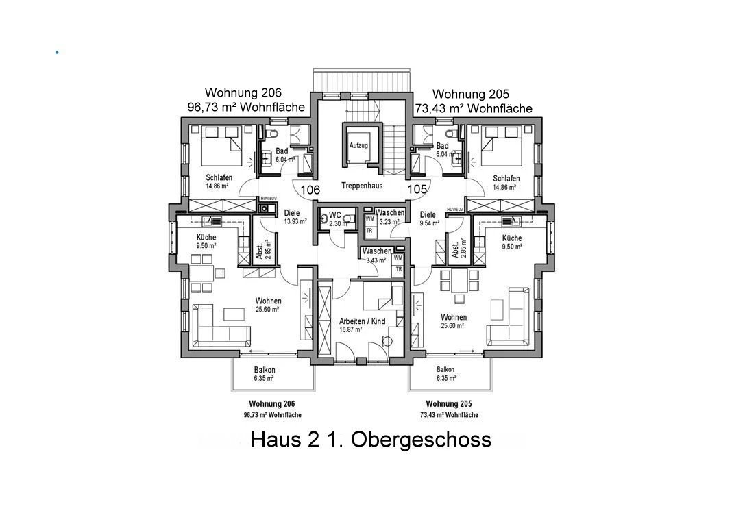 Zwei Wohneinheiten mit optimaler Flächeneffizienz und zentralem Treppenhaus