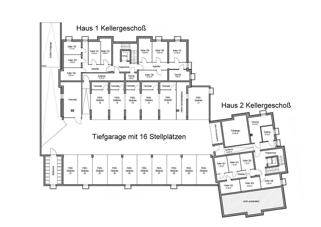 Intelligente Grundrissgestaltung mit zwei Häusern und integrierter Tiefgarage