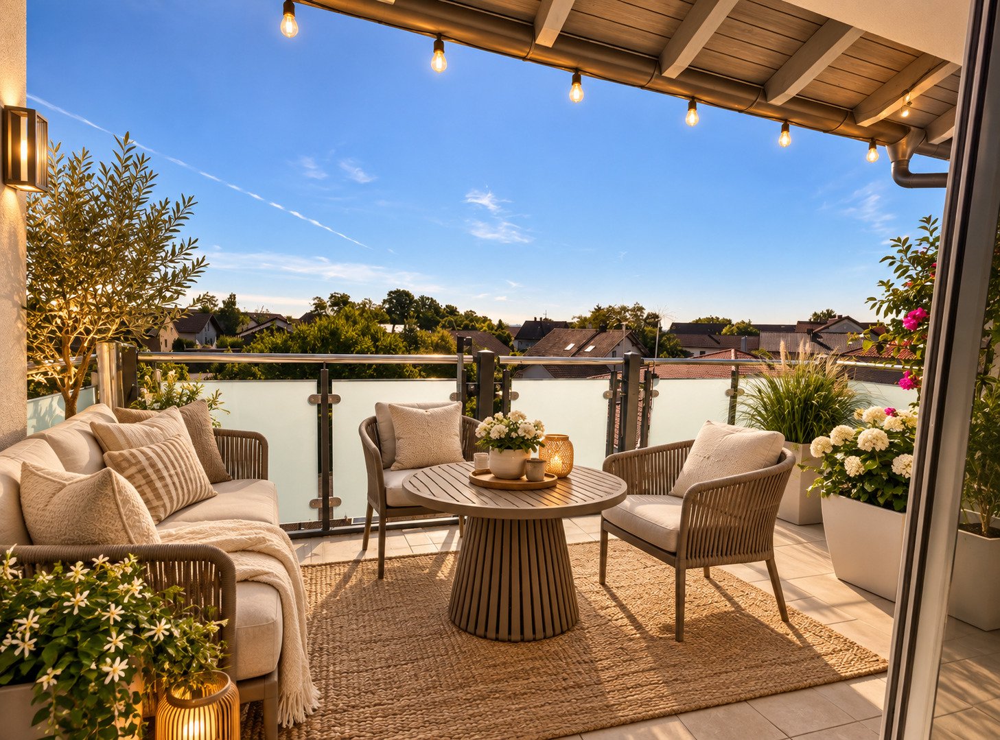 Dachterrasse mit Panoramablick und integrierter Beleuchtung