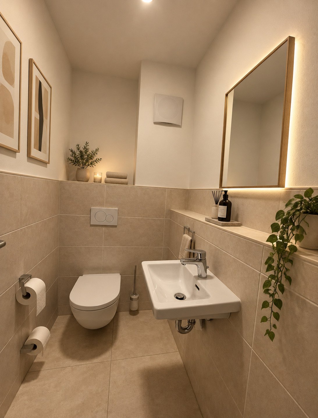 Elegantes Gäste-WC mit rahmenlosem LED-Spiegel und Wandtilern