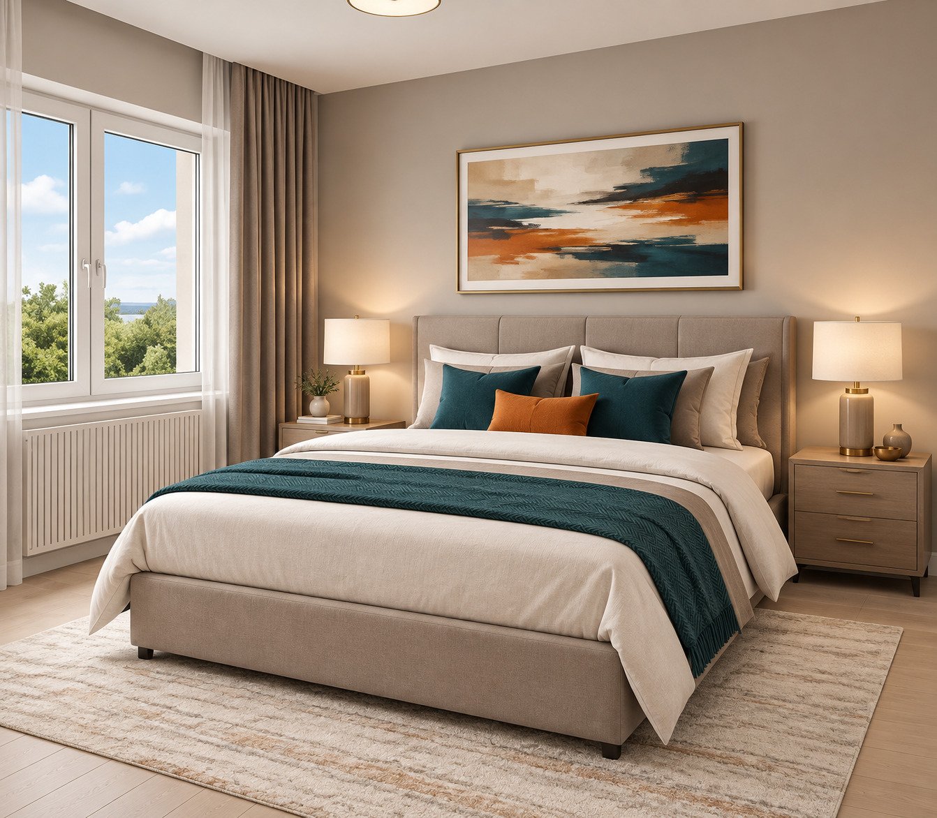 Schlafzimmer mit Panoramafenstern und Ausblick auf die Landschaft