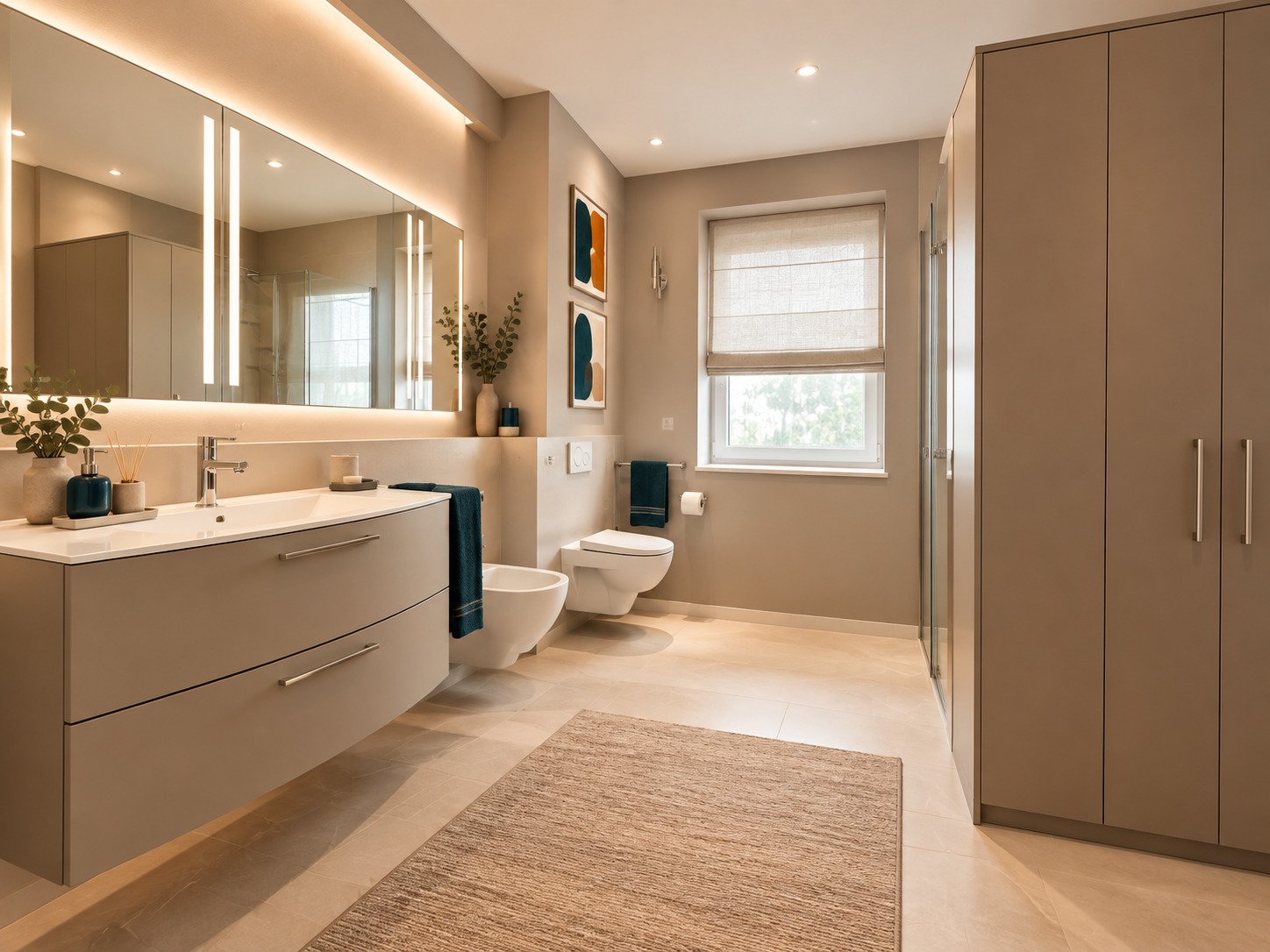 Luxuriöses Badezimmer mit LED-Spiegelelement und begehbarer Dusche